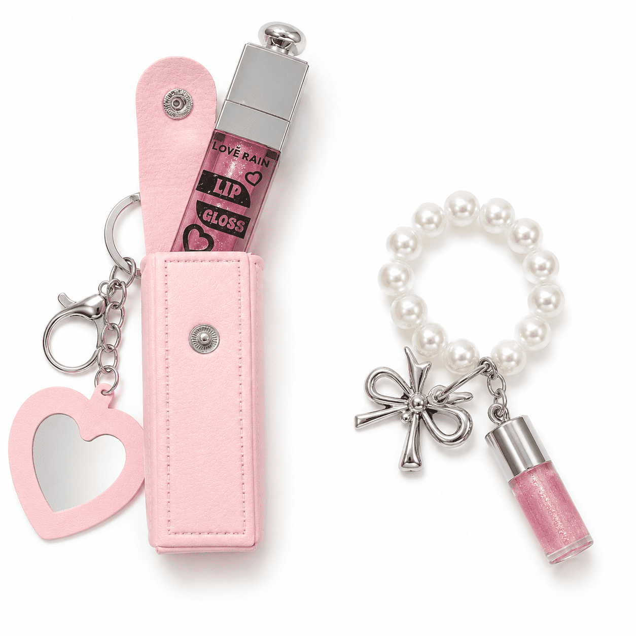 Comprar Kit 2 Gloss Chaveiro com Estojo Espelho e Pulseira Rosa na Glow Makeup